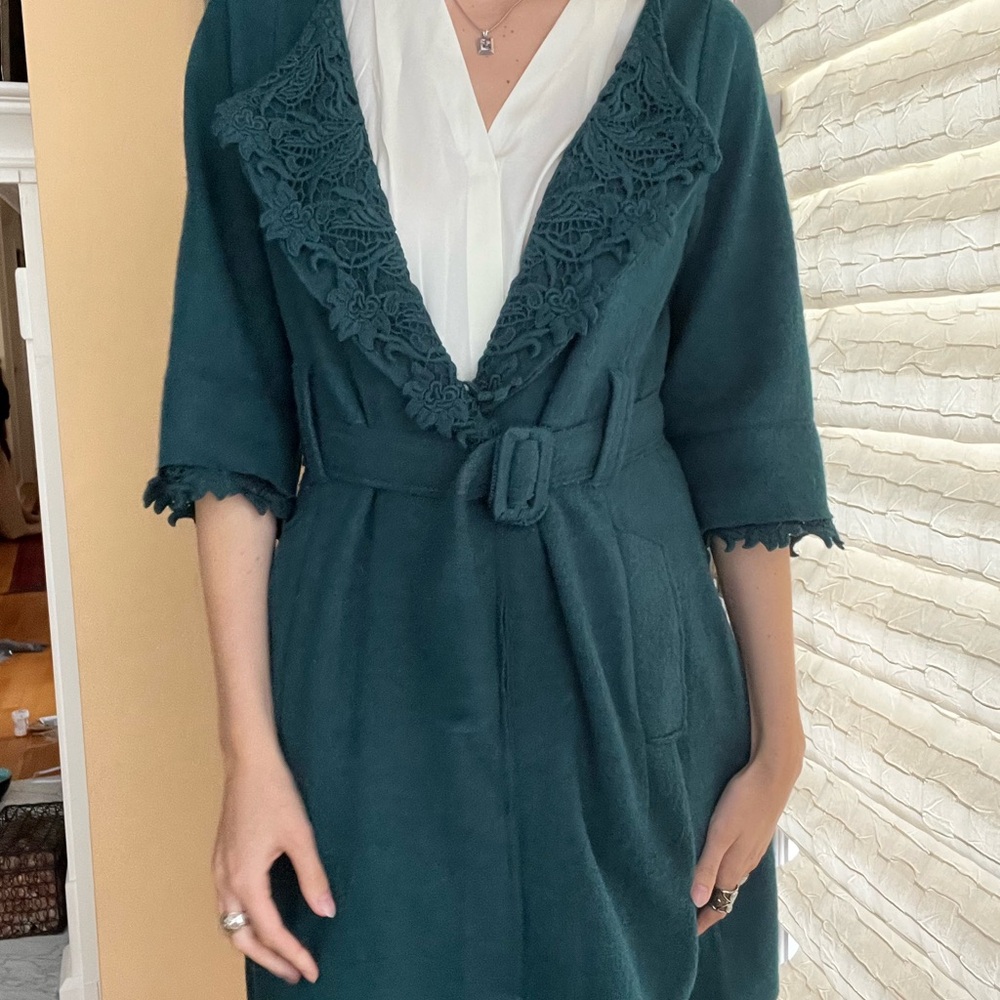 Anthropologie Green and White Trench Coat with Wrap Design